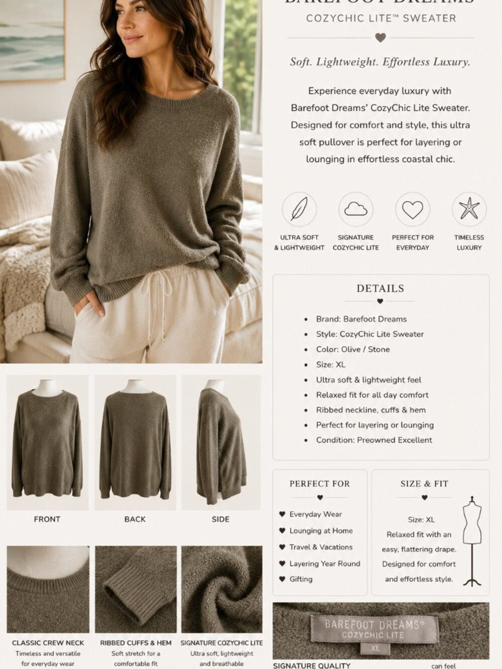 Barefoot Dreams Cozy Chic Lite Sweater Women Soft Luxury Pullover Relaxed Fit XL